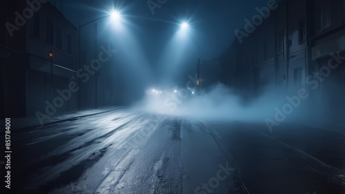 The atmosphere of the street at night is quiet with fog and smoke under the lights. Foggy night. Fog and smog, lights at night background