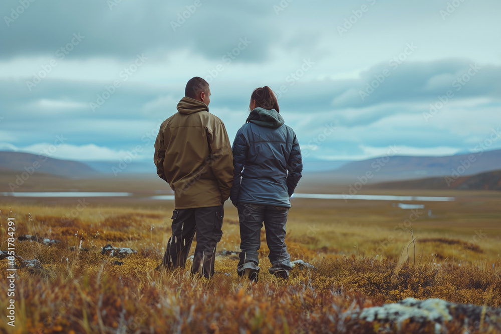 Couple of Travelers in a Tundra Landscape Wallpaper, Serene Background with Copy Space for Vacation and Nature Enthusiasts Couple of Travelers in a Tundra Landscape Wallpaper, Serene Background with Copy Space for Vacation and Nature Enthusiasts