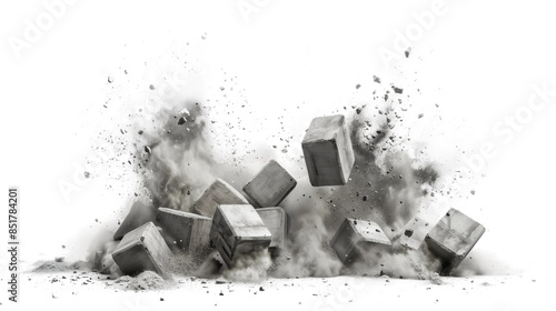 An image showcasing a dramatic explosion of concrete blocks, creating a large dust cloud against a white backdrop