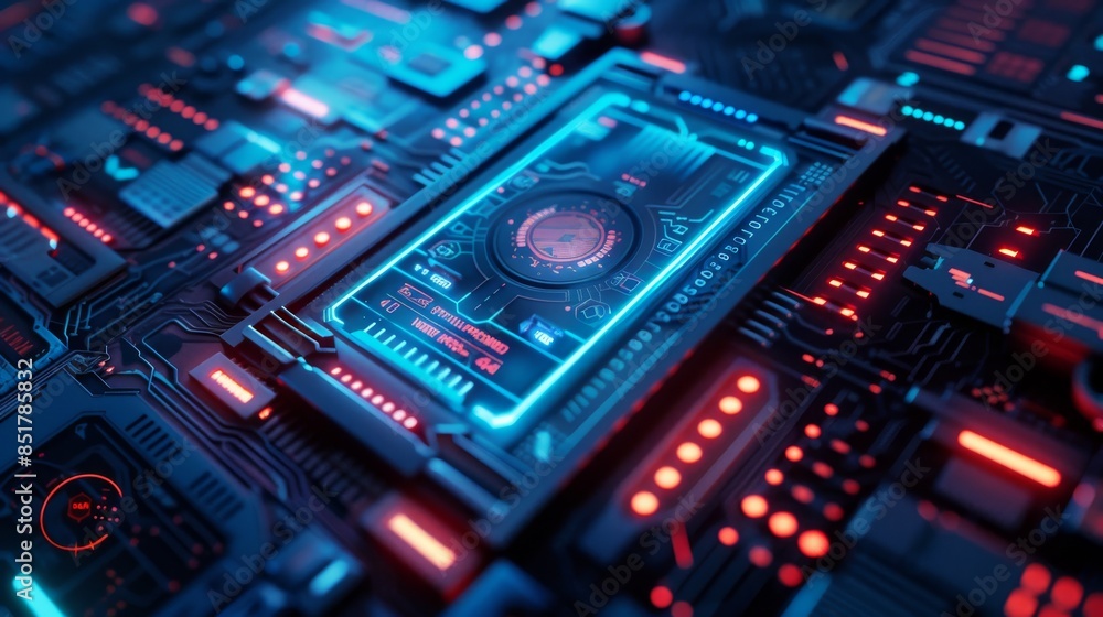 A close-up of a futuristic electronic circuit with glowing lights, showcasing advanced technology and intricate design elements. A close-up of a futuristic electronic circuit with glowing lights, showcasing advanced technology and intricate design elements.
