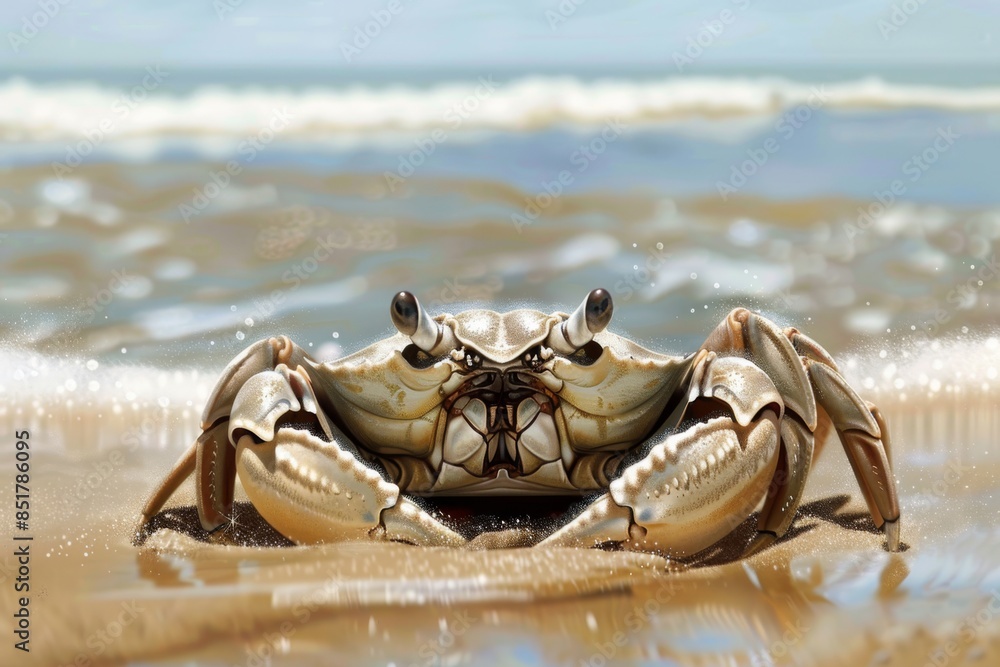 A detailed illustration of a crab poking its head out of its burrow near the water's edge. A detailed illustration of a crab poking its head out of its burrow near the water's edge.