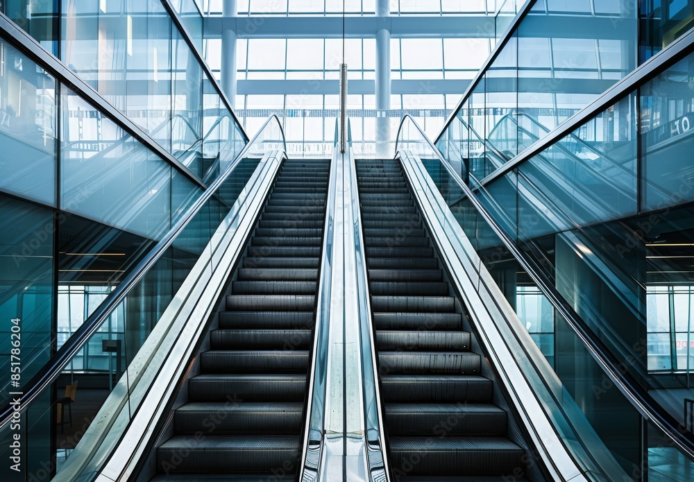 Photo of an escalator in the lobby leading to two stairs Photo of an escalator in the lobby leading to two stairs