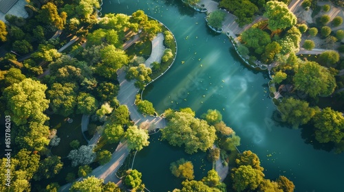 Aerial view of a lush green park with winding pathways and a serene lake, showcasing natural beauty and tranquility.