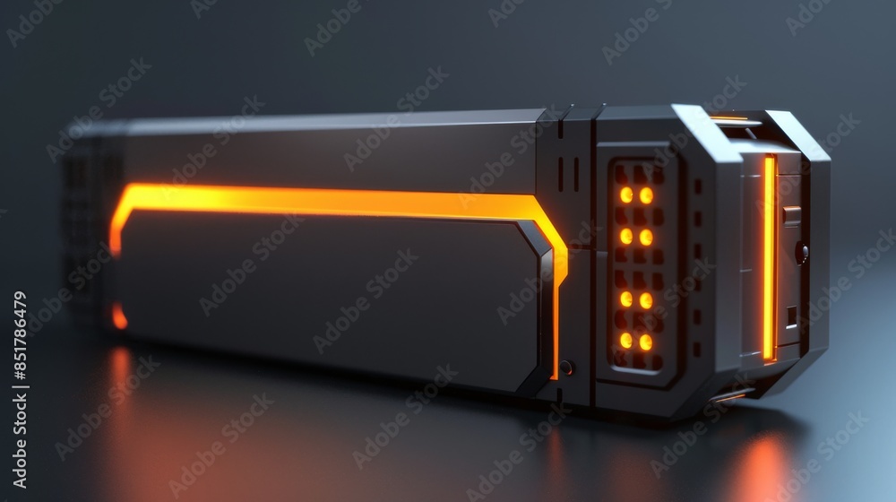 A futuristic battery pack with glowing orange lights on a dark background. Perfect for technology and energy themes. A futuristic battery pack with glowing orange lights on a dark background. Perfect for technology and energy themes.
