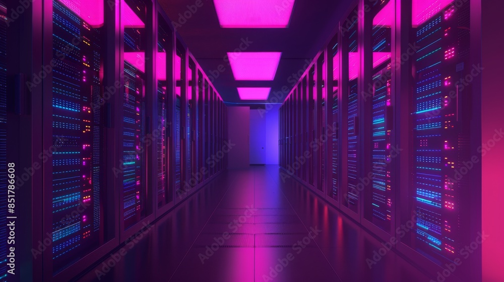 Fototapeta premium A futuristic data center hallway illuminated with vibrant pink and purple lighting, showcasing rows of server racks and advanced technology.