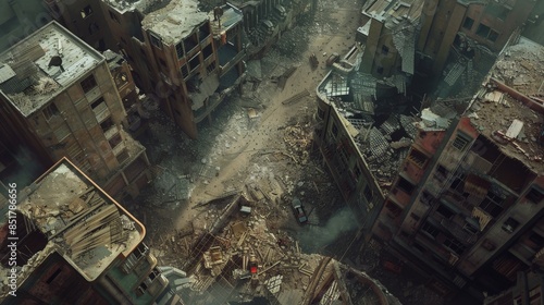 Aerial view of devastated urban landscape with collapsed buildings and rubble, showcasing destruction and aftermath in a war-torn city. photo