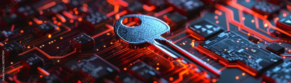 A metallic key lies on a glowing red computer circuit board, symbolizing cybersecurity, encryption, and digital protection concepts. A metallic key lies on a glowing red computer circuit board, symbolizing cybersecurity, encryption, and digital protection concepts.