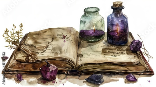 A witchs spell book clipart, Halloween prop, watercolor illustration, dark colors, isolated on white background