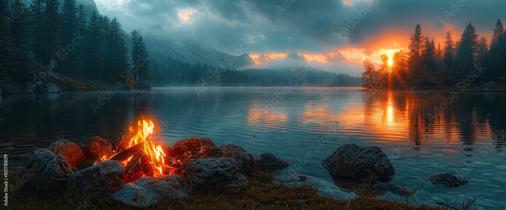 A Serene Collage Showcased Campfire Scenes With Peaceful Lakes, Reflecting The Calm And Beauty Of Nature A Serene Collage Showcased Campfire Scenes With Peaceful Lakes, Reflecting The Calm And Beauty Of Nature