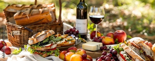 picnic spread with sandwiches, grapes, and cheese on a transparent background, accompanied by a wine glass and wicker basket photo