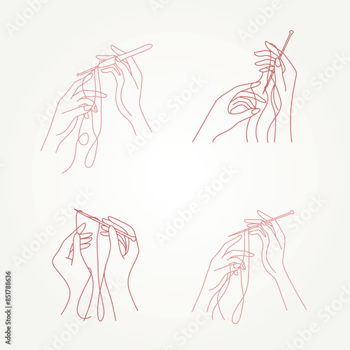 set of minimalist woman's hands knitting thread using needle line art icon vector illustration design