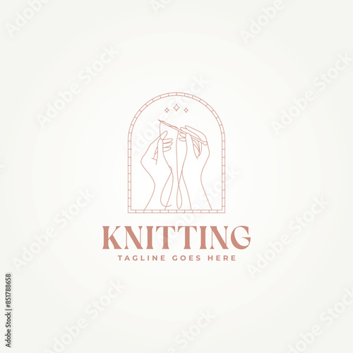 minimalist woman's hands knitting thread using needle line art icon logo vector illustration design. simple modern sewing, handiwork, wickerwork logo concept