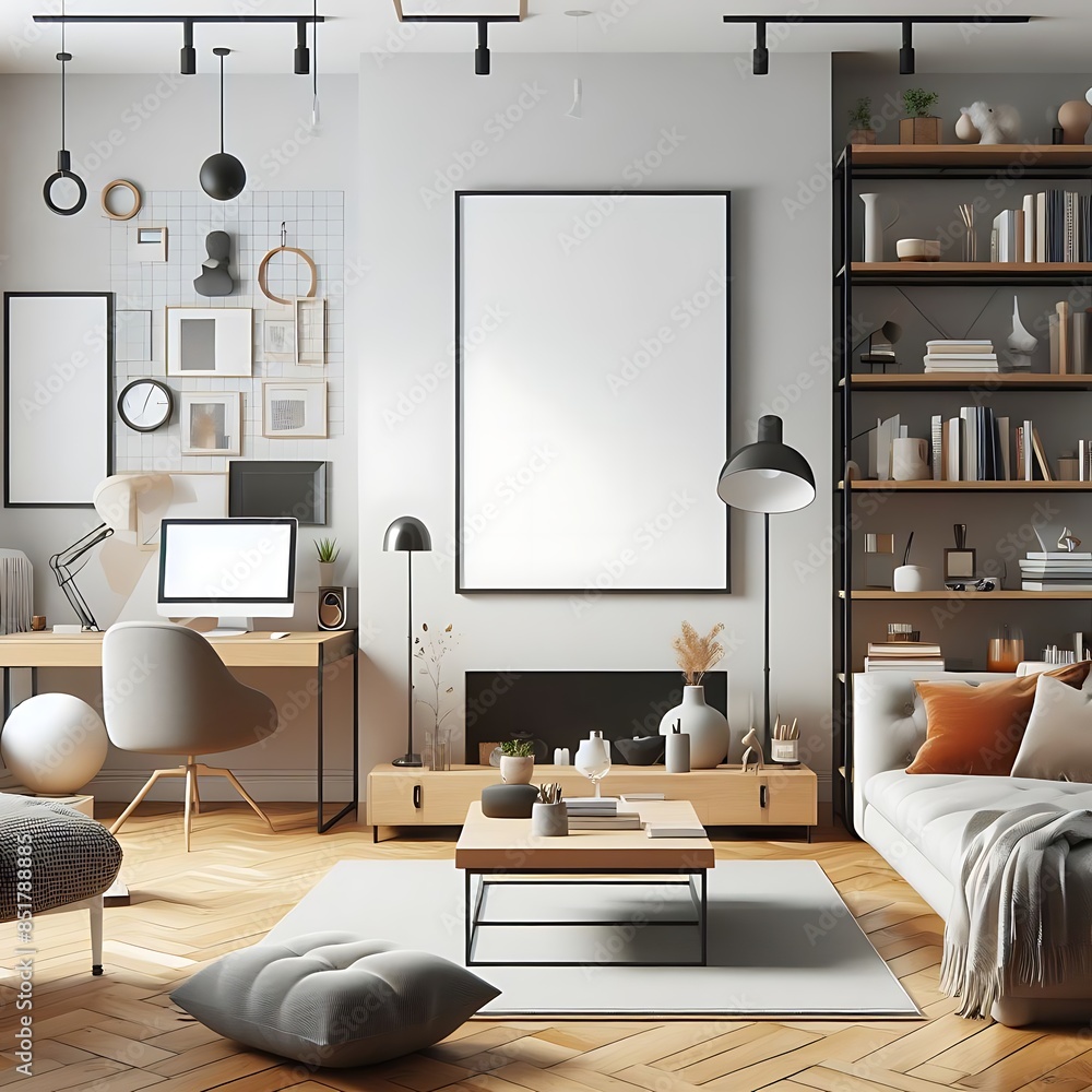 Fototapeta premium A living room style interior set design with a mockup poster empty white and with a couch and a desk Vibrant unique Artistic.