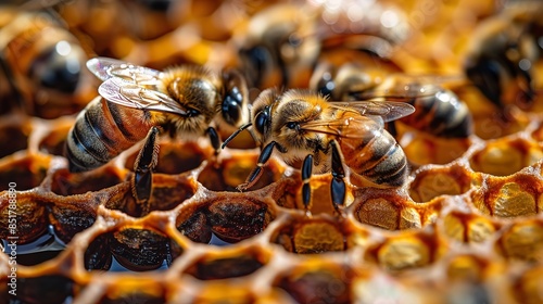A close-up view of honey bees working on a honeycomb. The bees are in various stages of activity, some collecting nectar, others building the honeycomb