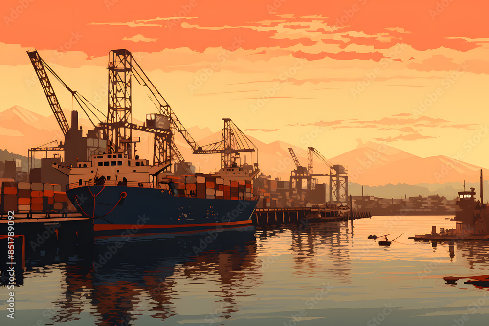 Fototapeta premium vintage style illusstrated harbor during sunset, harbor during sunset illustration