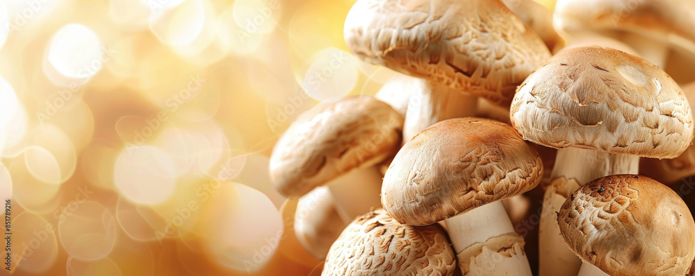 Cluster of porcini mushrooms with a warm, golden bokeh background, offering ample copy space. Detailed textures and earthy tones highlight the fungi's natural and fresh appeal Cluster of porcini mushrooms with a warm, golden bokeh background, offering ample copy space. Detailed textures and earthy tones highlight the fungi's natural and fresh appeal