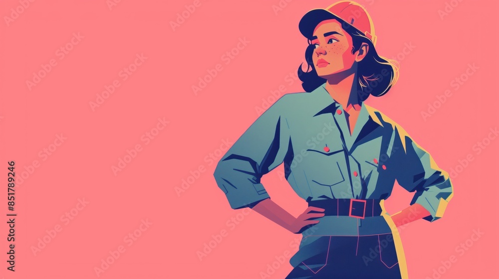 Illustrated image of a woman in retro style with a confident posture and a cap, set against a pink background Illustrated image of a woman in retro style with a confident posture and a cap, set against a pink background