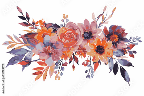 watercolor floral bouquet, autumn foliage, clipart isolated on white background.