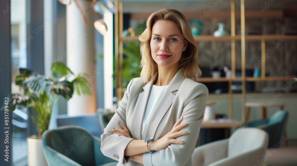 Real-life photo showing a smiling professional woman in a well-lit office environment Real-life photo showing a smiling professional woman in a well-lit office environment