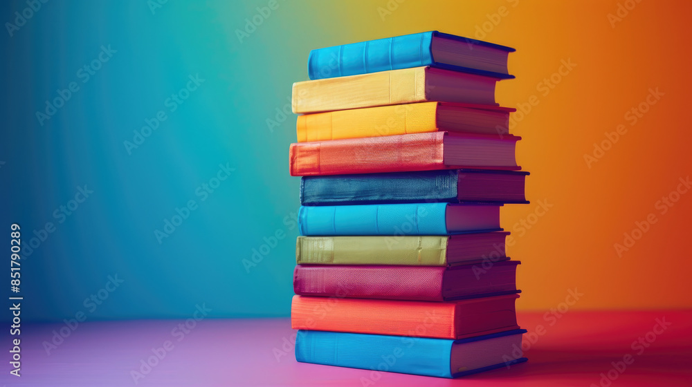 A stack of hardcover books of various colors, sitting on a table against a rainbow background. A stack of hardcover books of various colors, sitting on a table against a rainbow background.