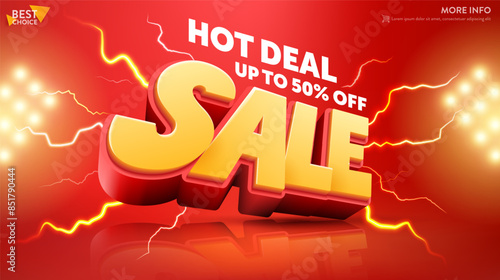 Hot Deal Sale Banner Vector Template with Bold 3D Text, Thunder and Flash Lightning Effects on a Red Background, Offering Discounts Up to 50% Off for a Limited Time