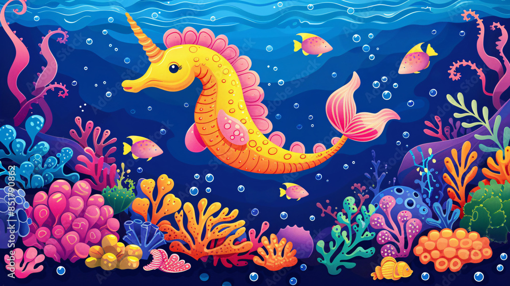 Fototapeta premium Clip art of a sea horse in an ocean setting with colorful marine plants and animals, ideal for preschool educational materials