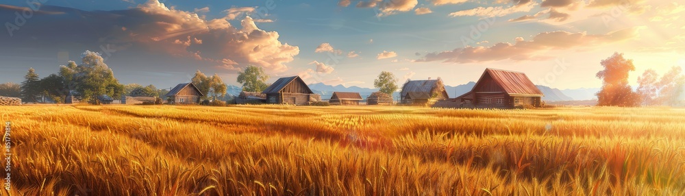 Beautiful landscape of wheat field with rustic village houses Beautiful landscape of wheat field with rustic village houses