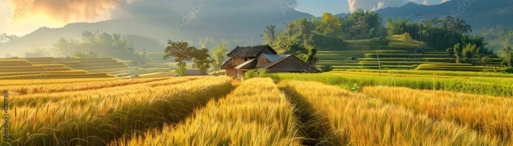 Beautiful landscape of wheat field with rustic village houses Beautiful landscape of wheat field with rustic village houses