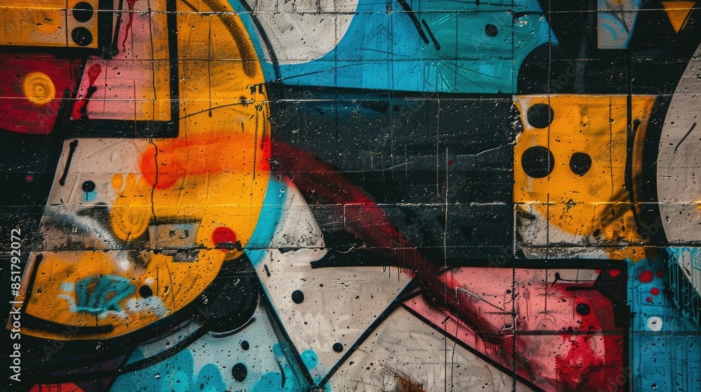 Fototapeta premium Photograph of a concrete wall adorned with intricate graffiti art, showcasing vibrant colors and bold designs