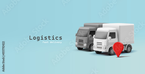 White and black cargo truck and navigation icon, 3D. Banner for logistics design concepts, transportation services, and delivery of goods. Vector