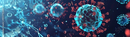 Close-up image of virus cells under microscope, representing medical research, virology, and infectious disease studies.