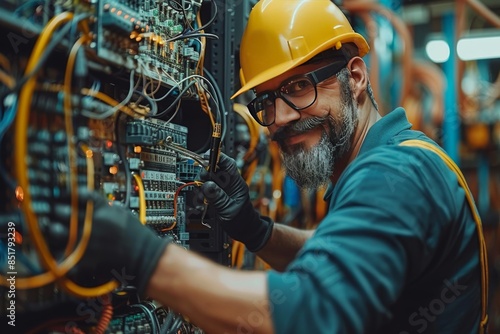 Bearded Electrician Working on Complex Electrical Panel in Industrial Setting