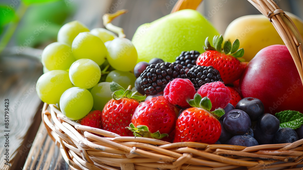 Charming woven basket brimming with vibrant berries and autumn fruits, showcasing the rich, colorful harvest of the season in a rustic presentation. Charming woven basket brimming with vibrant berries and autumn fruits, showcasing the rich, colorful harvest of the season in a rustic presentation.