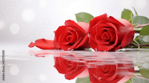 Two red roses placed on the floor, accompanied by fresh and beautiful droplets of water creating a serene and elegant scene. photo