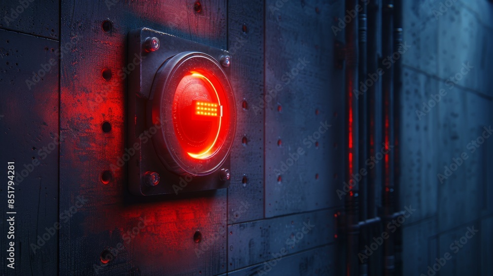 Close-up of a glowing red emergency button on an industrial metal wall, highlighting its warning and security significance in case of an alarm.