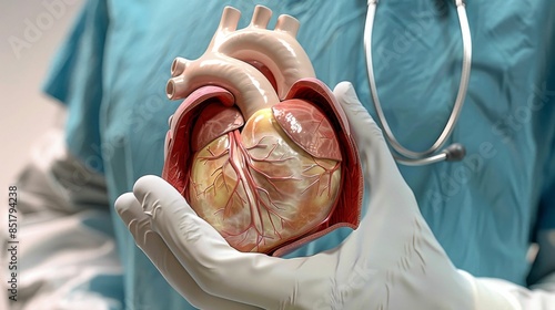 A doctor holds a heart model in his gloved hand photo
