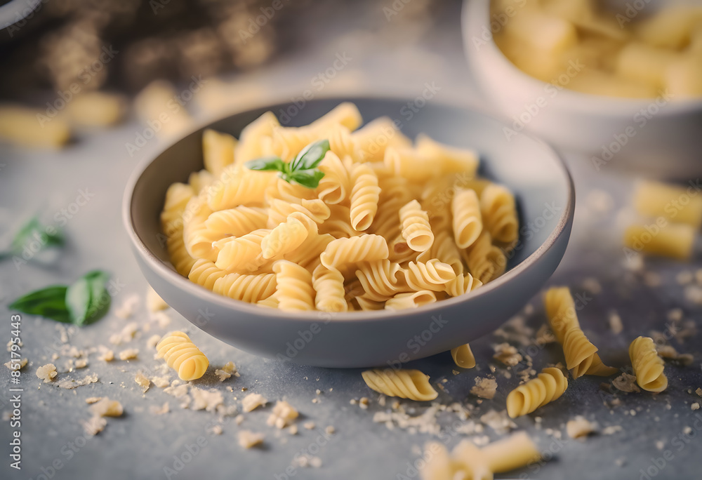 Close-up of pasta in a bowl with more pasta in the background on a table. World Pasta Day. Close-up of pasta in a bowl with more pasta in the background on a table. World Pasta Day.