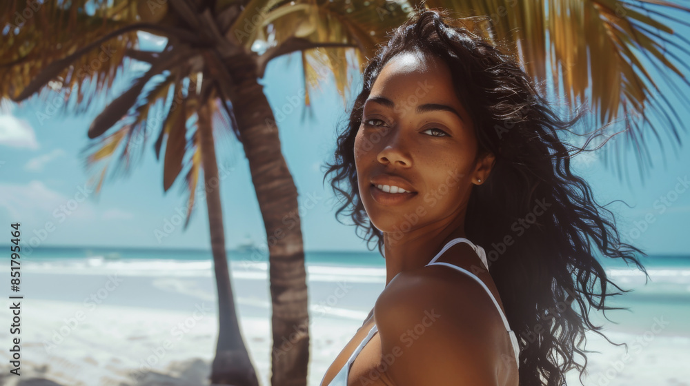 A beautiful African American woman walks along a snow-white beach among palm trees on a sunny day. Happy tourist woman enjoying her vacation on a paradise island by the water. Vacation concept. A beautiful African American woman walks along a snow-white beach among palm trees on a sunny day. Happy tourist woman enjoying her vacation on a paradise island by the water. Vacation concept.