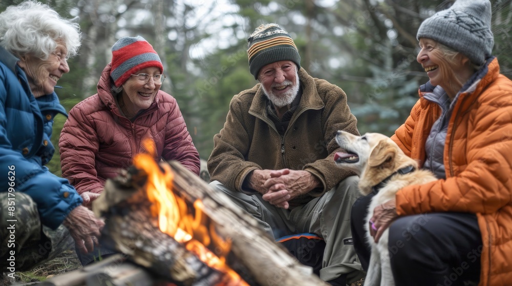 A group of people are sitting around a fire, with a dog sitting between them A group of people are sitting around a fire, with a dog sitting between them