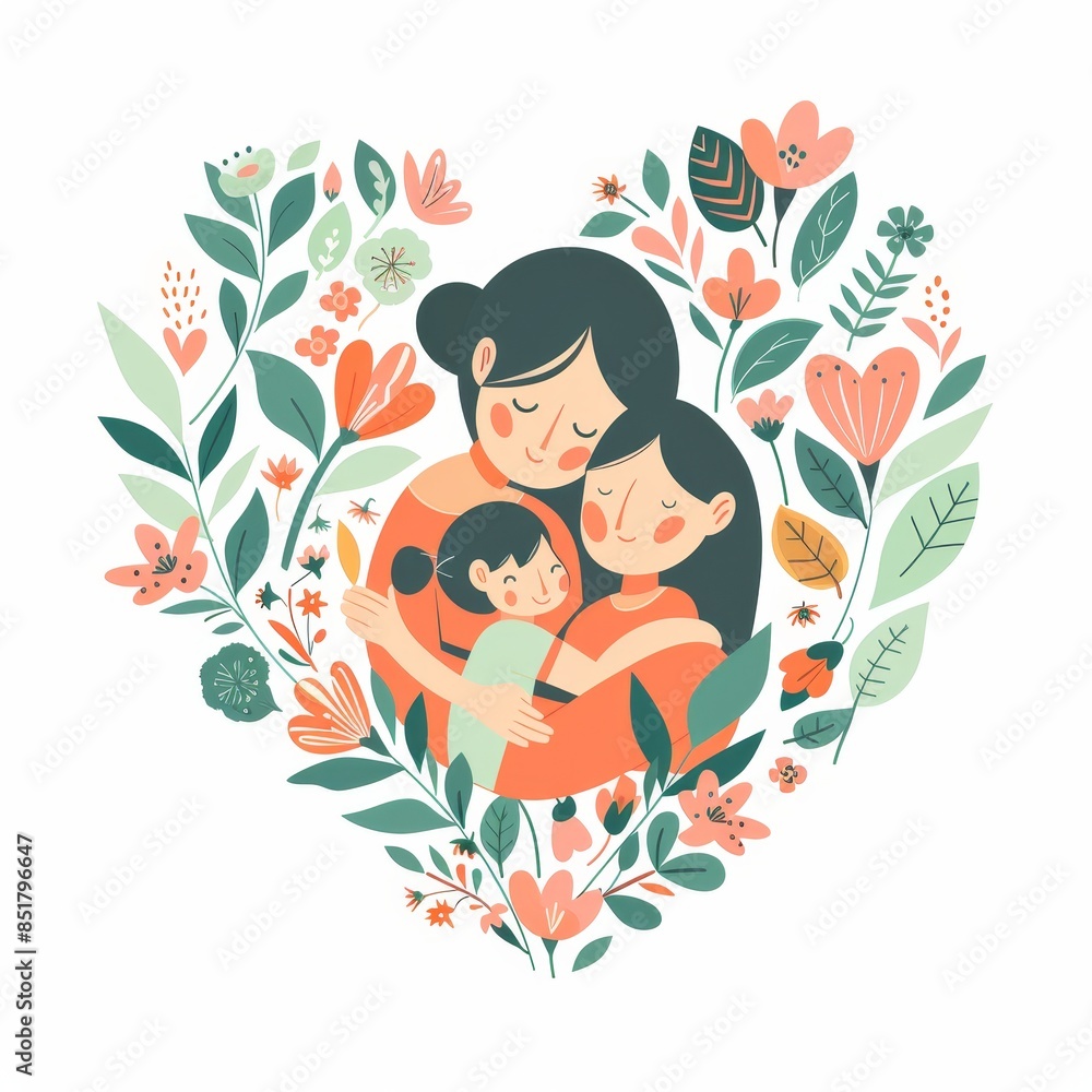 A woman and a child are hugging in a flowery heart A woman and a child are hugging in a flowery heart