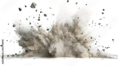 A large dust cloud with flying debris after an explosion. The dust is thick and obscures the source of the explosion