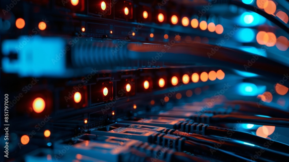 Obraz premium Close-up of data center with glowing network cables and LEDs. Modern server room infrastructure and technology.