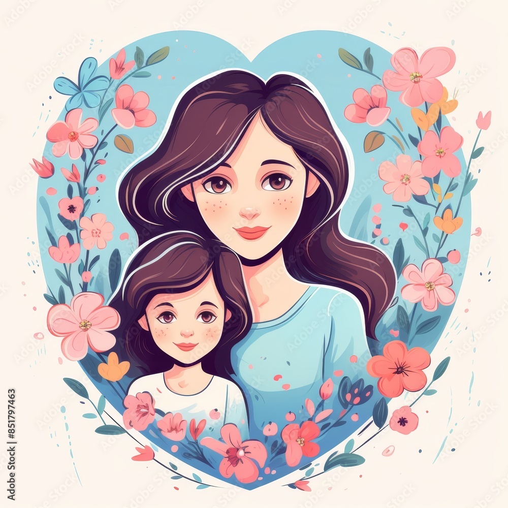 A woman and a child are hugging in a flowery heart A woman and a child are hugging in a flowery heart