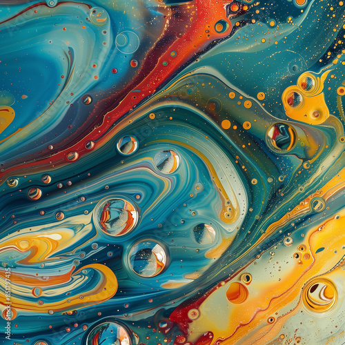 An abstract photo of oil and water mixing, creating colorful and fluid patterns with vibrant swirls and bubbles.