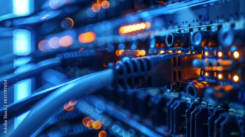 Close-up of server rack with network cables and glowing lights, representing data center technology and high-speed internet. Close-up of server rack with network cables and glowing lights, representing data center technology and high-speed internet.