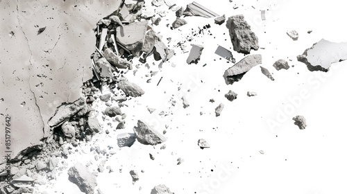 A close-up image of a crumbling concrete wall with scattered debris on a white background