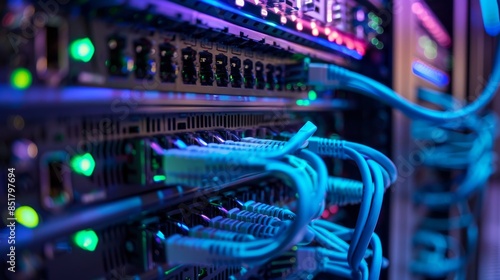Close-up of server racks with glowing lights and network cables in a modern data center, highlighting technology and connectivity.