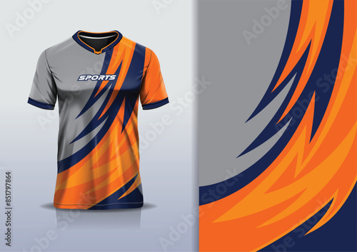 Sport jersey template mockup curve wave design for football soccer, racing, running, e sports, orange blue color