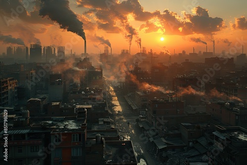 A city skyline with a large, orange sun in the background. The sky is filled with smoke and the city is covered in smog