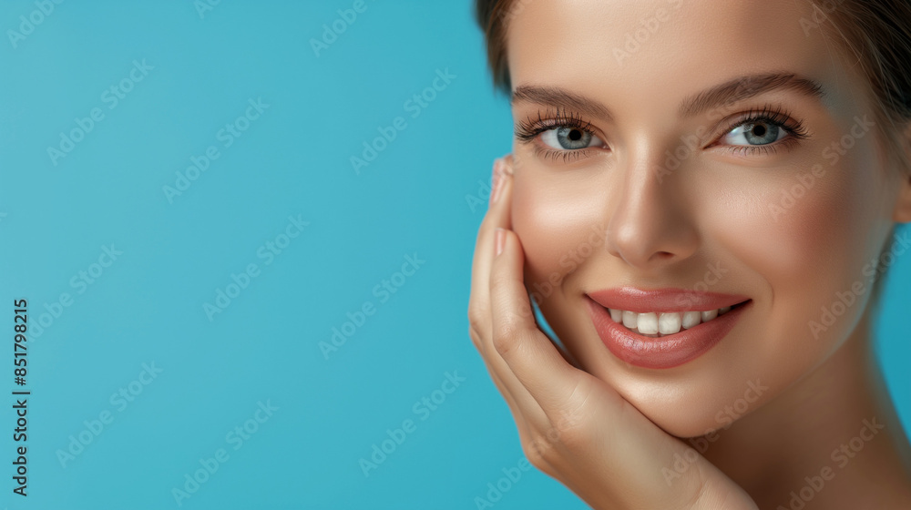 A close-up image features the beautiful face of a woman with fair skin and a well-proportioned figure. She poses to showcase her smooth and radiant facial skin, with her fingers gently touching her A close-up image features the beautiful face of a woman with fair skin and a well-proportioned figure. She poses to showcase her smooth and radiant facial skin, with her fingers gently touching her